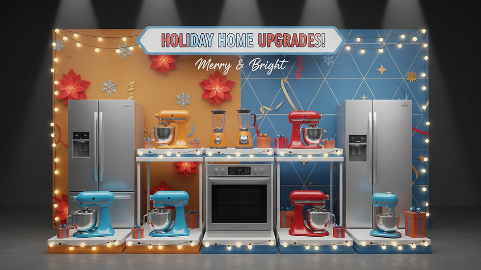 Eye-level view of a showroom with various kitchen appliances on display