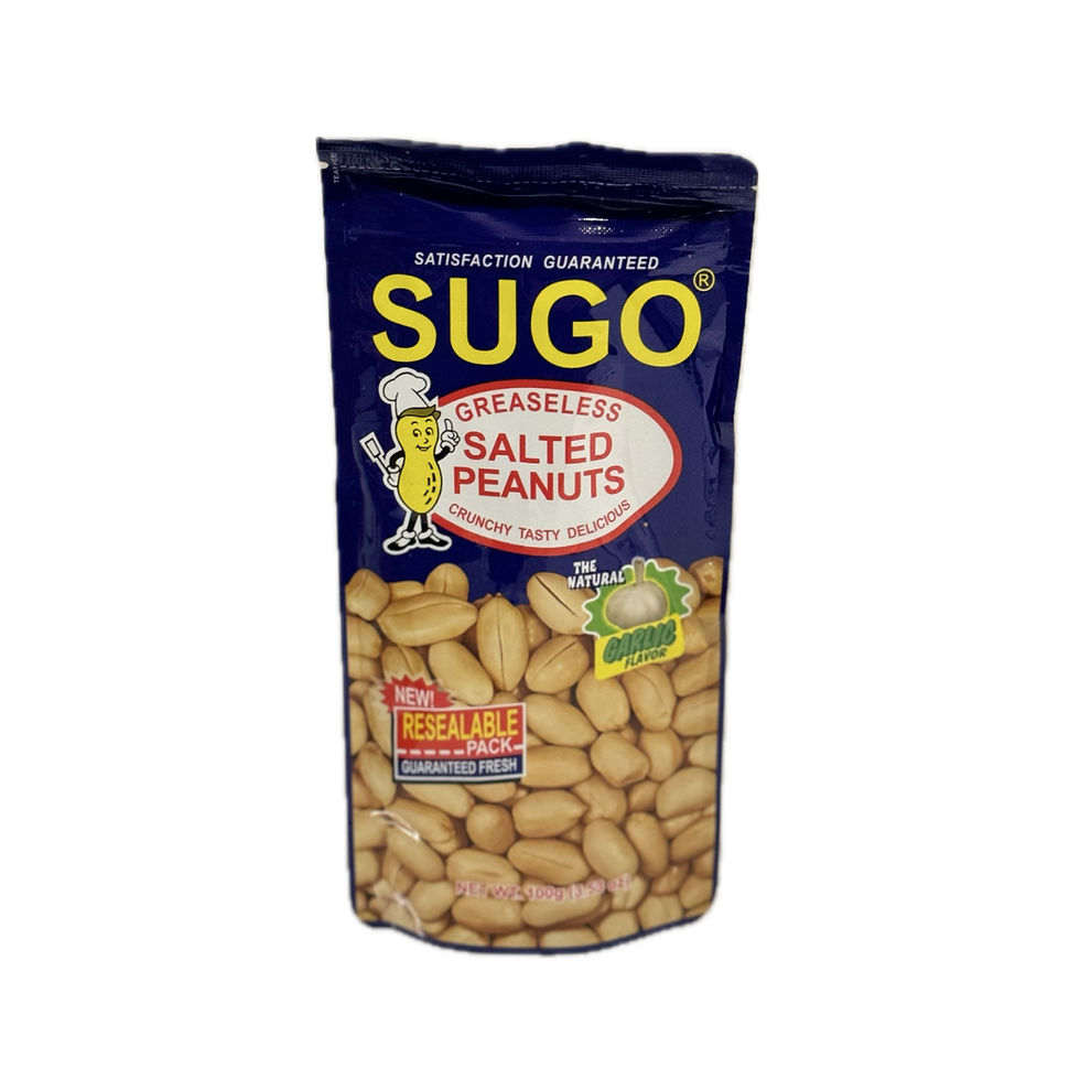 A 100g pack of Sugo Salted Peanuts Garlic Flavor, ideal for snacking or topping dishes.