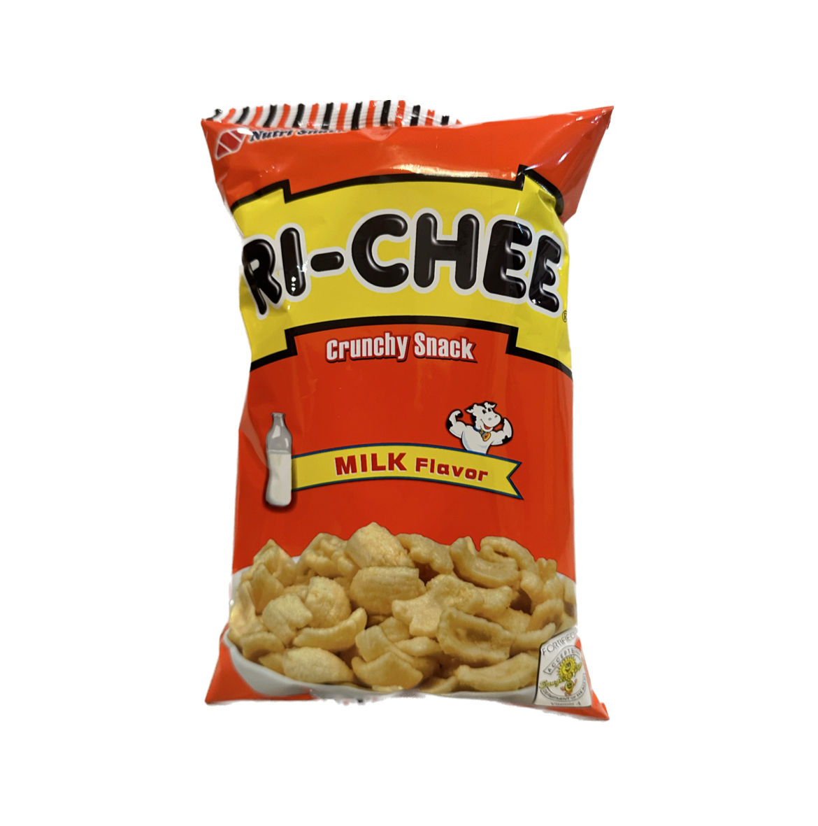 NutriSnack Richee Crunchy Snack Milk Flavor 60g light, crunchy corn snack with a sweet creamy milk flavor.