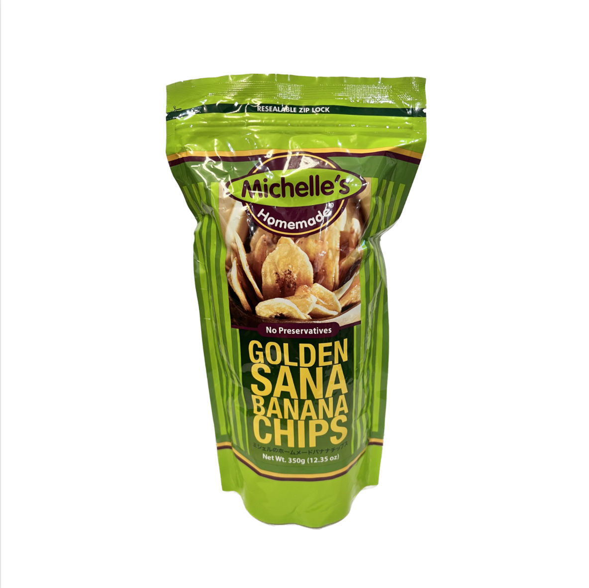 Michelle’s Homemade Banana Chips, 350g pack of crispy sliced fried banana snacks, lightly sweetened.