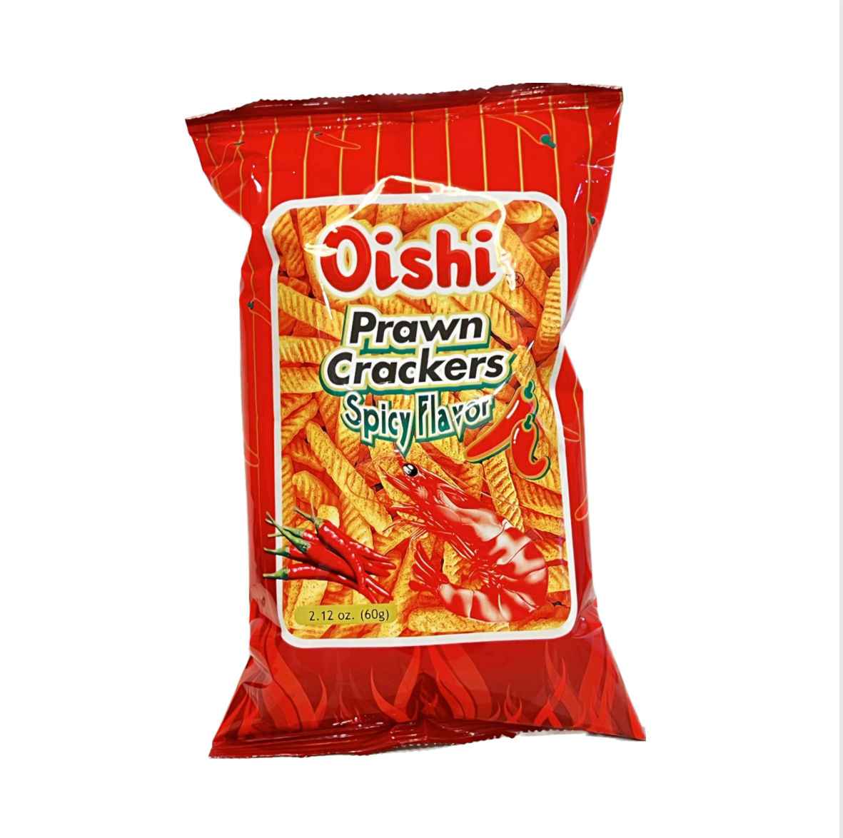 Oishi Prawn Crackers Spicy Flavor 60g crispy shrimp-flavored crackers with a spicy and savory kick.