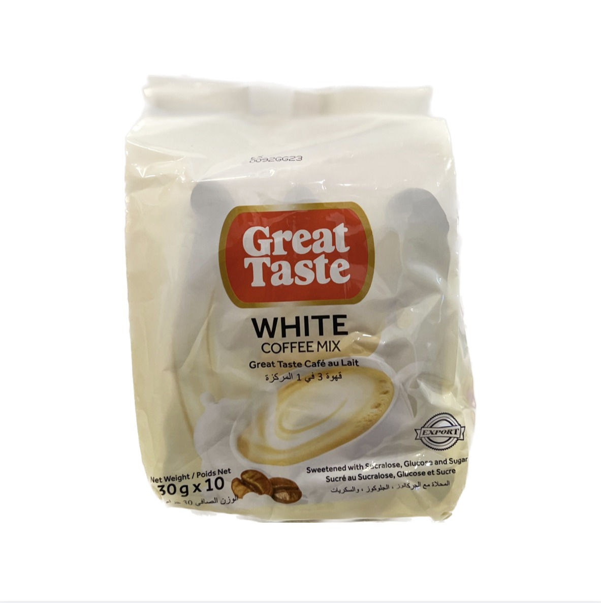 Great Taste 3-in-1 White Coffee 30g x 10 instant coffee sticks with sugar and creamer for a creamy, convenient cup.