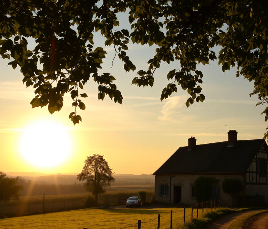 Maison de campagne au coucher de soleil, entourée d'arbres et champs. Lumière dorée, voiture garée devant, ambiance paisible et sereine.