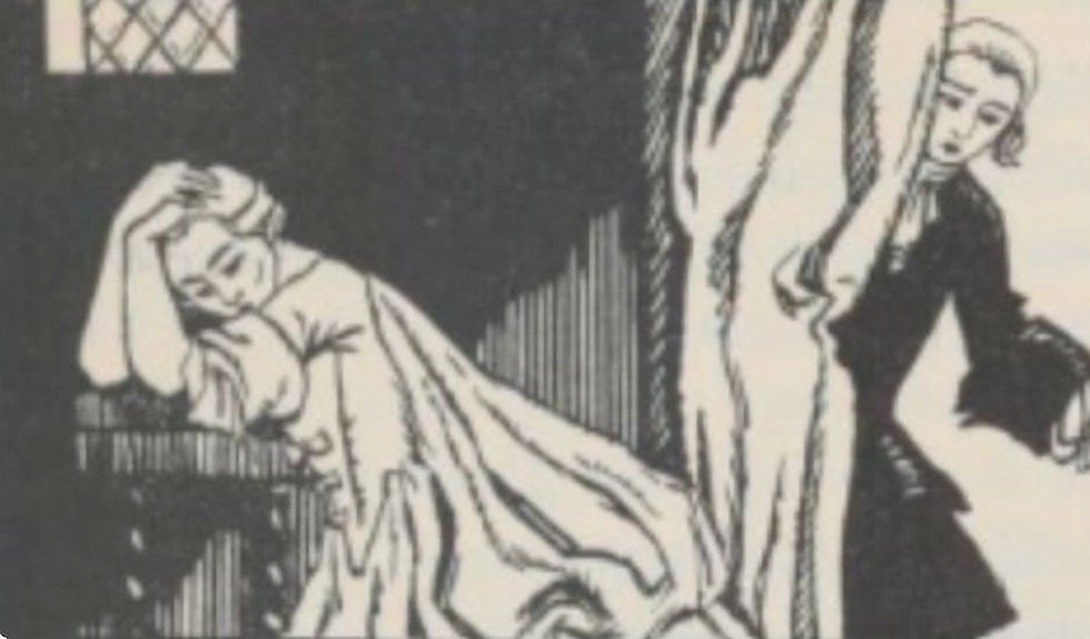 une femme tient sa tête dans ses mains et un homme se trouve à l'espionner derrière un rideau