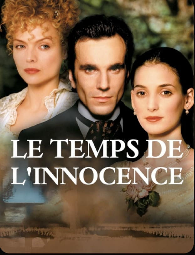 Affiche du film Le temps de l’innocence : trois visages en costume d’époque, fond flou, ambiance dramatique.