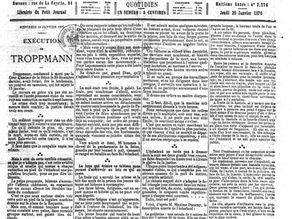 Une une de Le Petit Journal de 1870, gros titre sur l’exécution de Troppmann, texte en colonnes noir et blanc.
