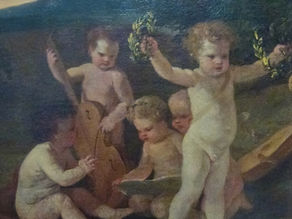 Des enfants nus jouent joyeusement dans un décor naturel avec un instrument à cordes. L'un d'eux brandit des couronnes de laurier.