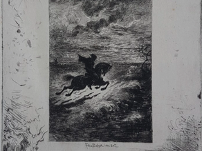 Gravure noir et blanc d’un cavalier sur un cheval au galop sous un ciel orageux; titre manuscrit en bas, ambiance dramatique.