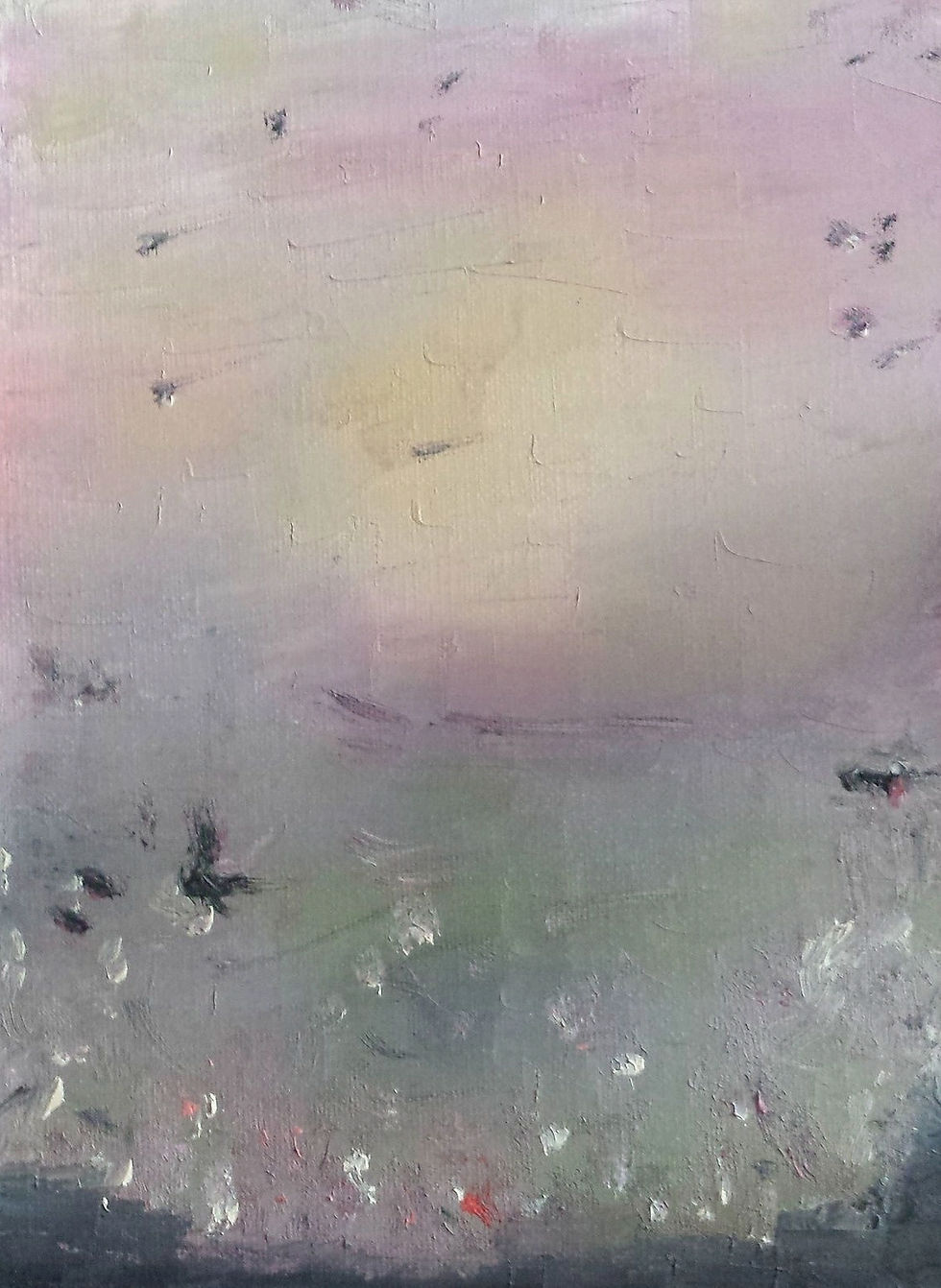 un paysage avec un ciel rose et jaune et des oiseaux