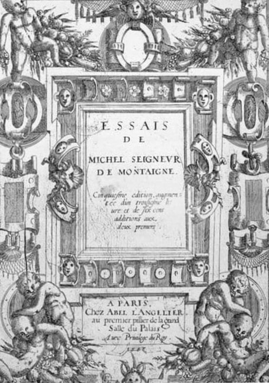 Page de titre gravée en noir et blanc des Essais de Montaigne, ornée de motifs, avec le texte d’édition à Paris.