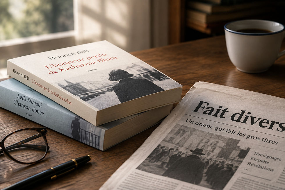 Trois livres en français, un journal, des lunettes et une tasse de café sur un bureau en bois, ambiance calme.