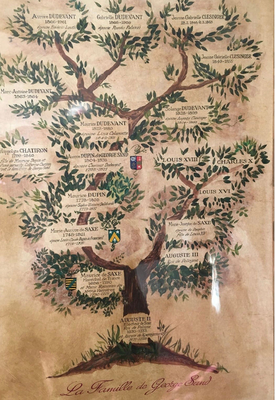 Arbre généalogique illustré de La famille de George Sand, avec noms royaux et rameaux verts sur fond beige.