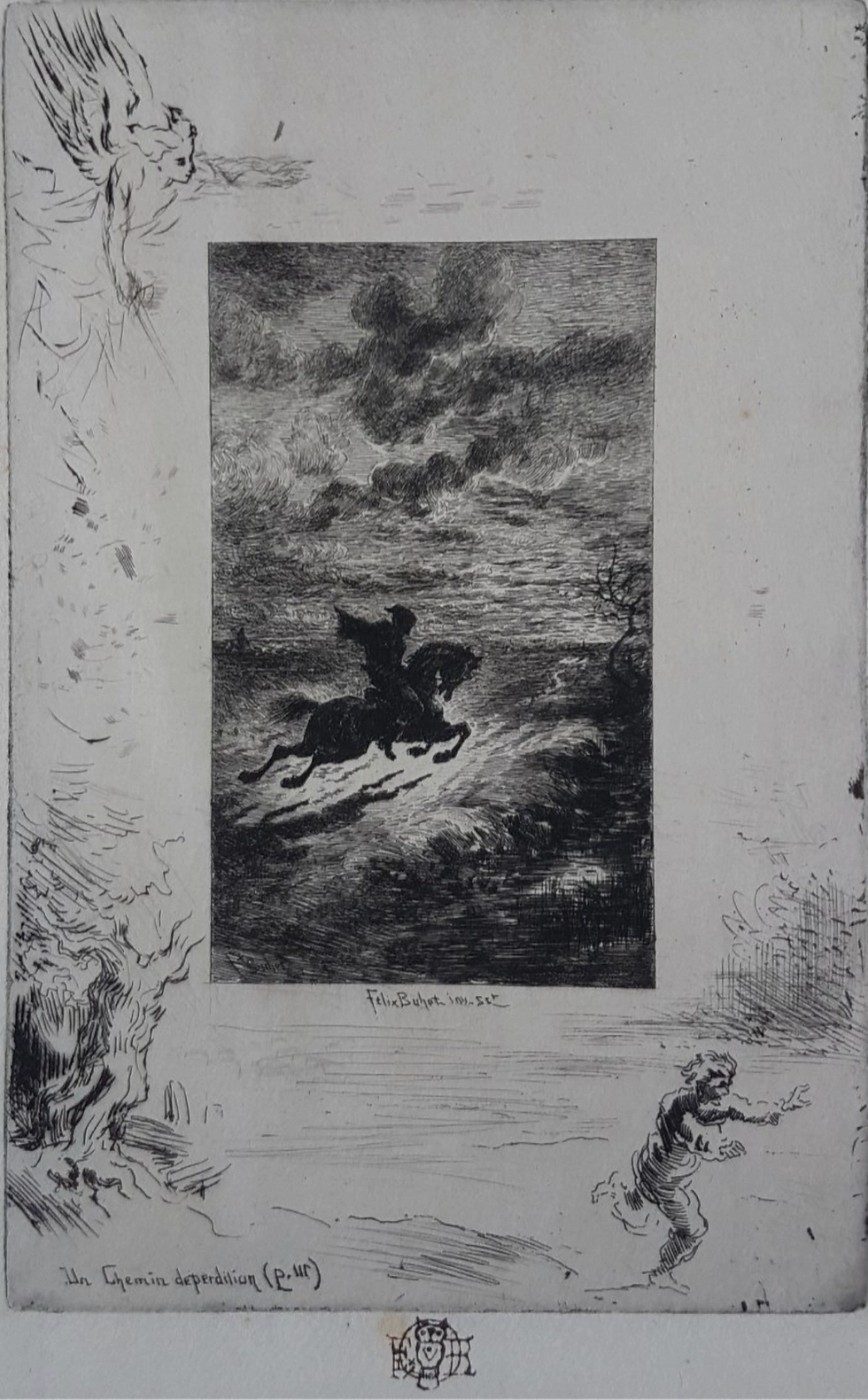 Gravure noir et blanc d’un cavalier sur un cheval au galop sous un ciel orageux; titre manuscrit en bas, ambiance dramatique.