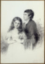 Portrait au crayon de deux enfants, fille au premier plan et garçon derrière; fond floral, signé Geindre 1896.