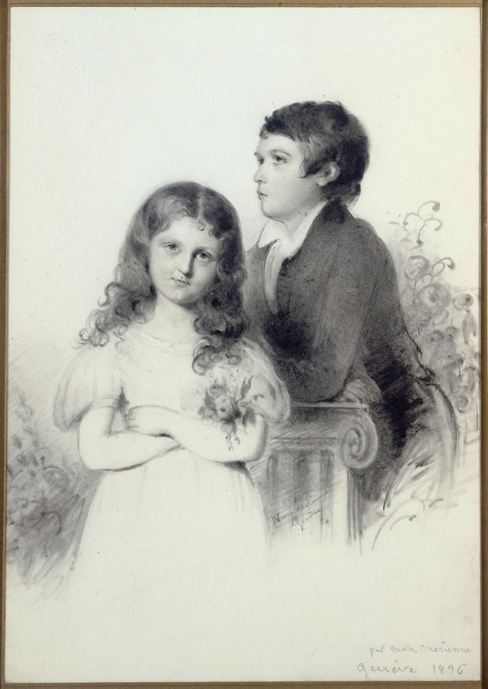 Portrait au crayon de deux enfants, fille au premier plan et garçon derrière; fond floral, signé Geindre 1896.