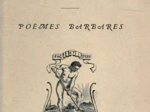 Couverture beige d’un livre ancien: Œuvres de Leconte de Lisle, Poèmes barbares, gravure centrale et éditeur parisien.