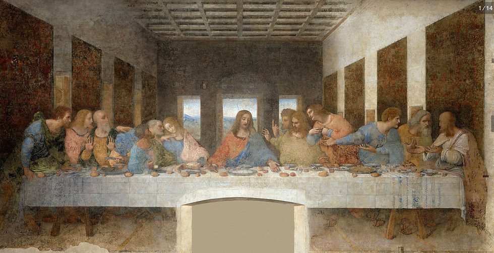 Peinture célèbre montrant un groupe de treize hommes autour d'une table. Expression de surprise. Contexte intérieur sombre, ciel bleu visible.