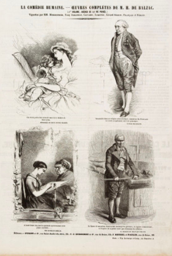 Page illustrée ancienne de La Comédie humaine de Balzac, avec quatre scènes en noir et blanc de personnages bourgeois, ton grave.