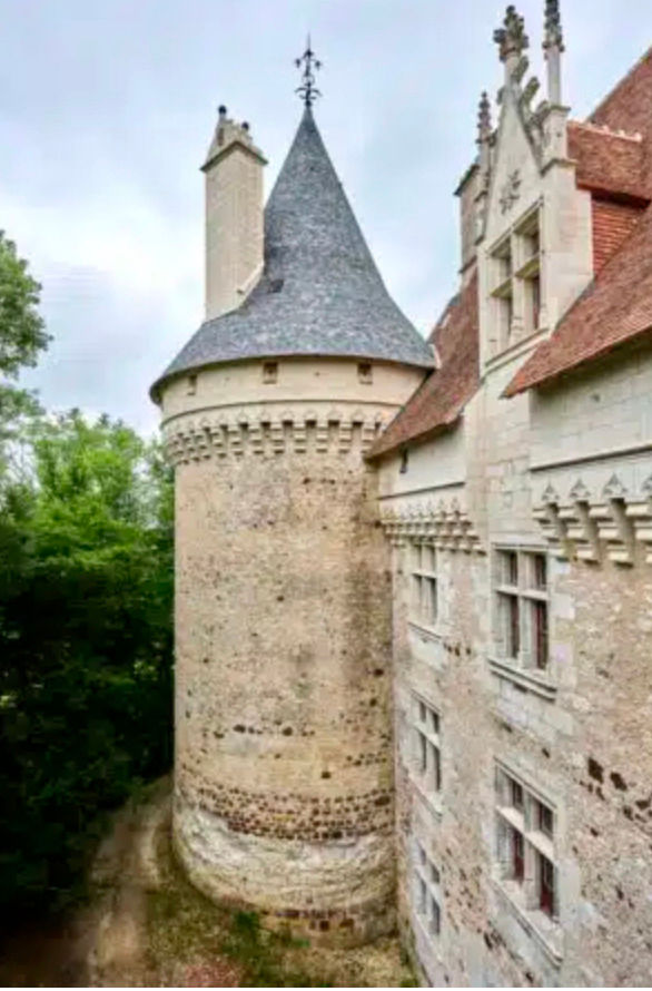 Tour ronde de château en pierre, toit conique gris, façade aux fenêtres, entourée d’arbres sous ciel clair.