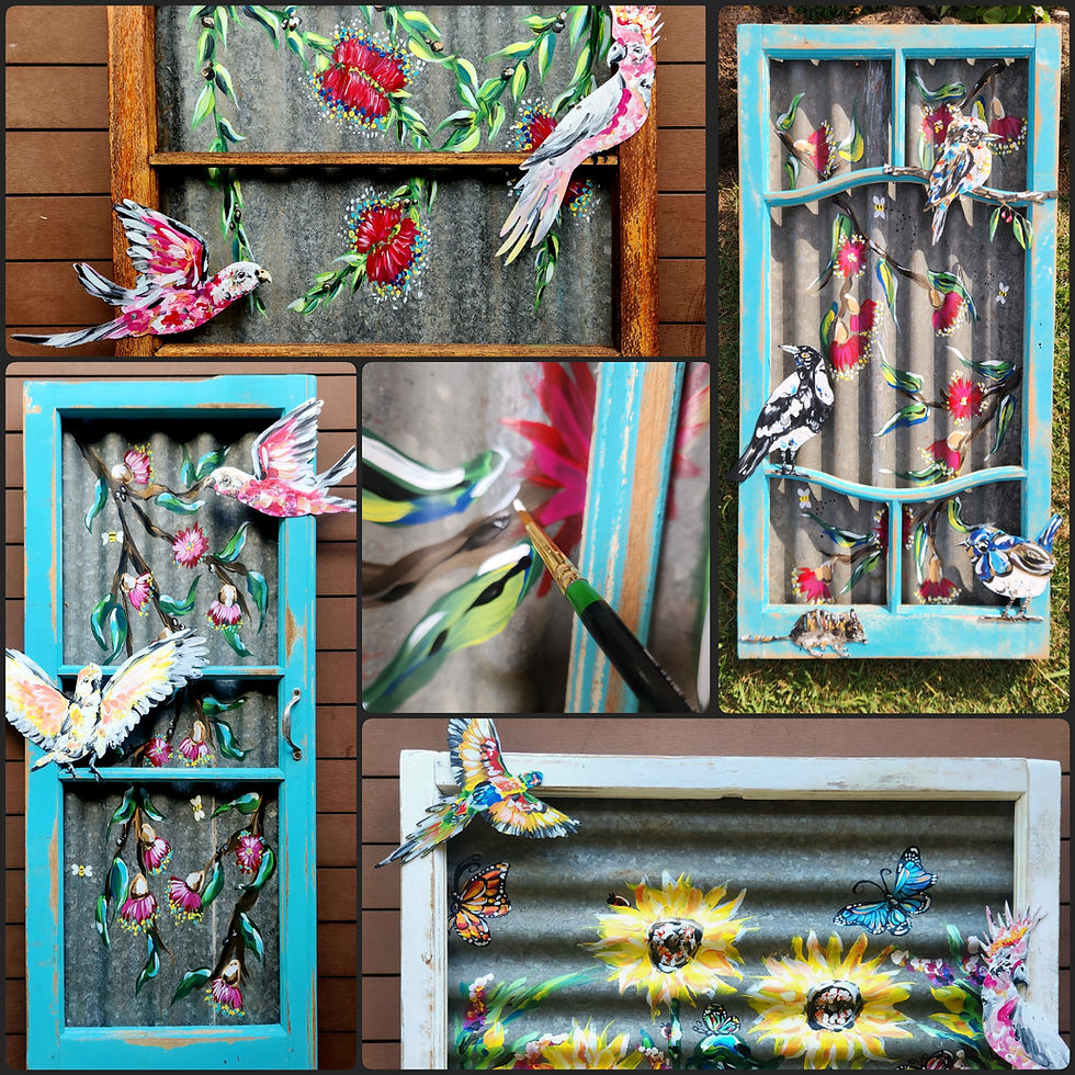 Toowoomba- Window Frame with Corrugated Iron and Metal Bird Cutouts 