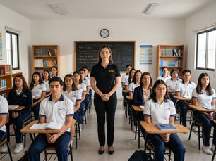 Maestra de mindfulness en una escuela con alumnos adolescentes haciendo una meditación