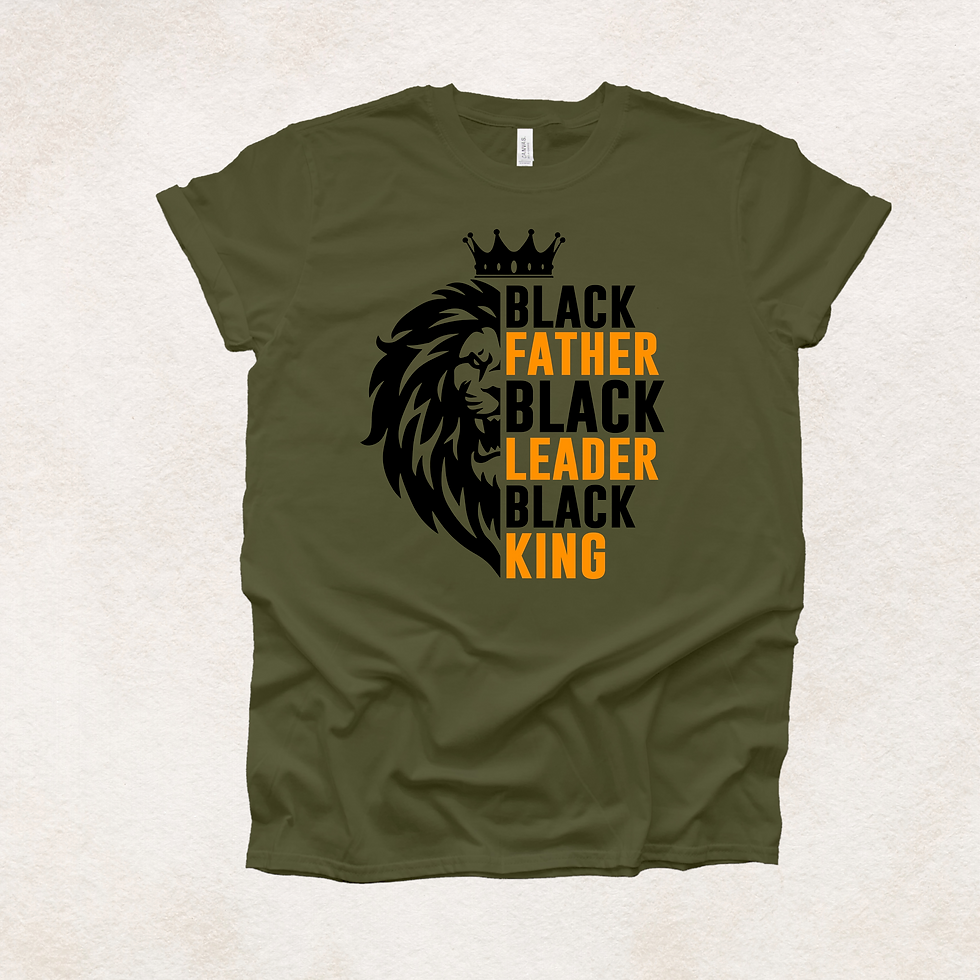 Thumbnail: Army green t-shirt with lion head and 'Black Father Black Leader Black King' text