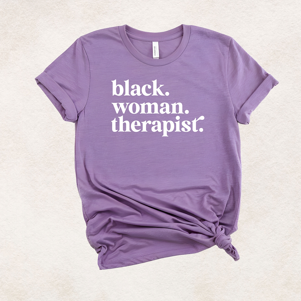 Thumbnail: Purple t-shirt saying 'black. woman. therapist.'