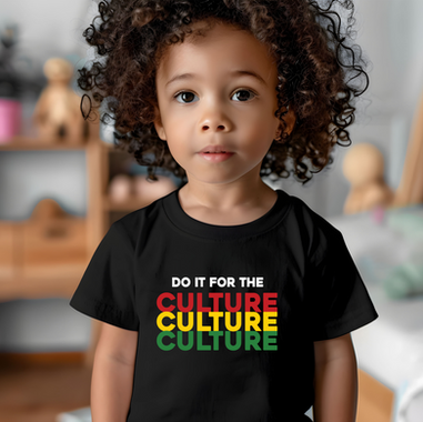Young Black child wears "DO IT FOR THE CULTURE CULTURE CULTURE" t-shirt.