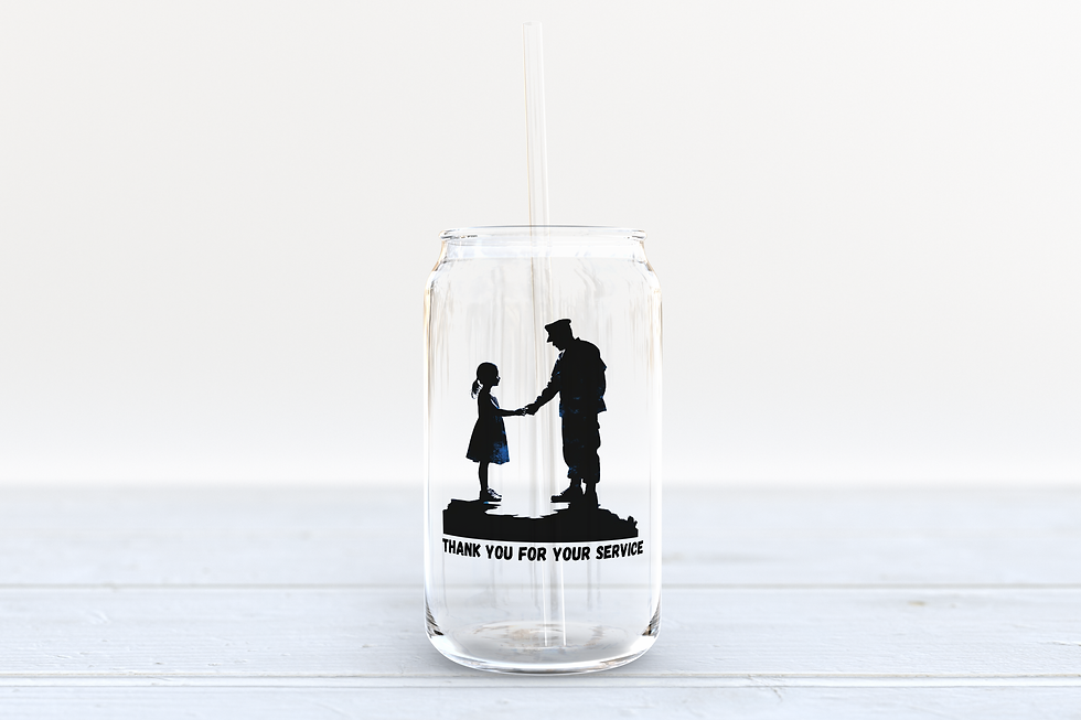 Glass can with soldier and girl holding hands, 'THANK YOU FOR YOUR SERVICE' text.