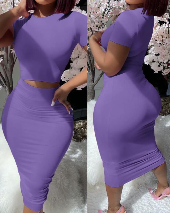 Thumbnail: Womens Two Piece Sets Elegant Sexy Outfit Short Sleeve Top & High Waist Skirt Se