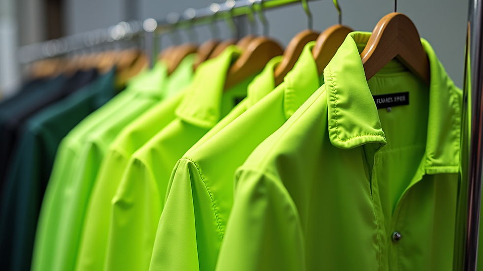 Close-up view of a bright neon green jacket with bold prints hanging on a rack