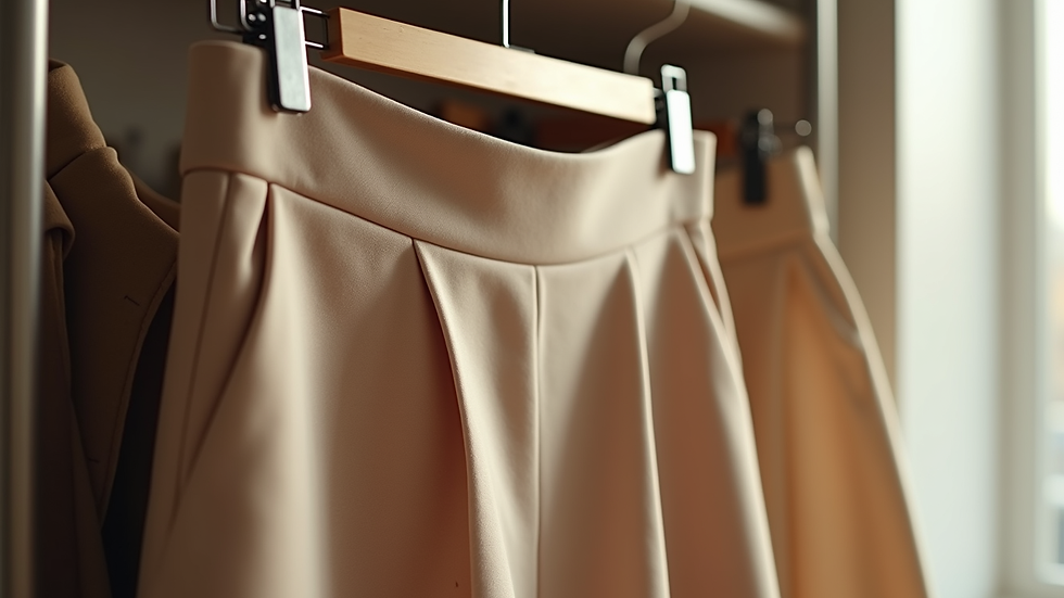 Close-up view of a pair of high-waist wide leg pants in a soft fabric on a hanger