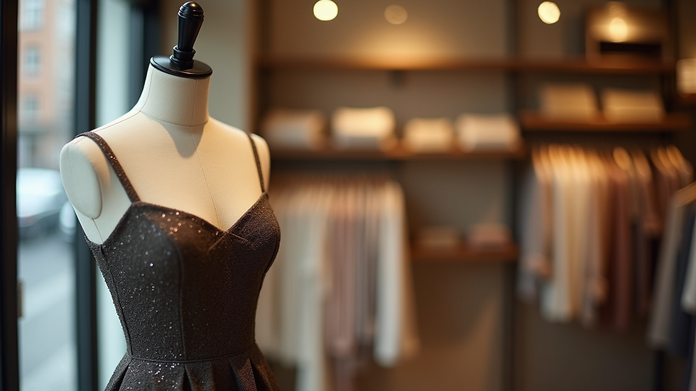 Eye-level view of a stylish dress displayed on a mannequin in a boutique