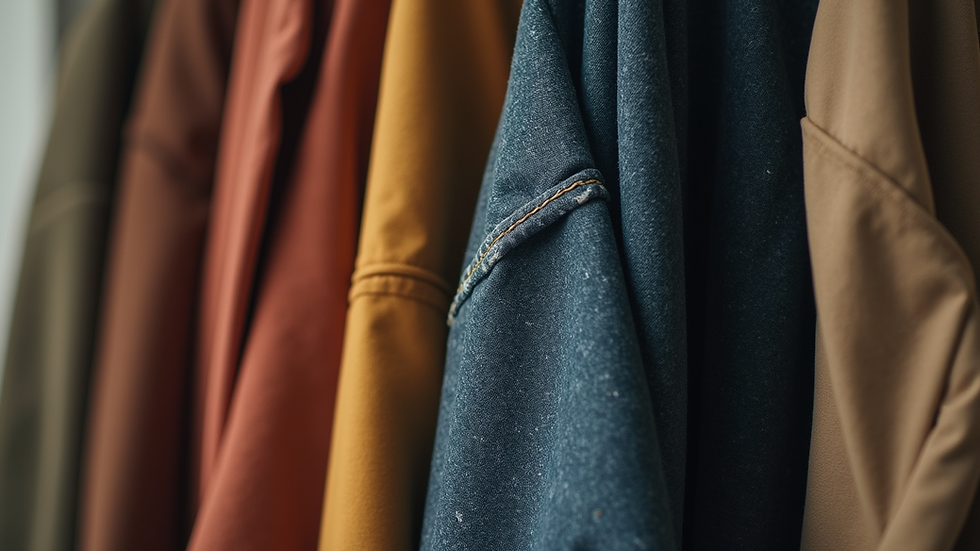 Close-up view of layered clothing with different textures and colors