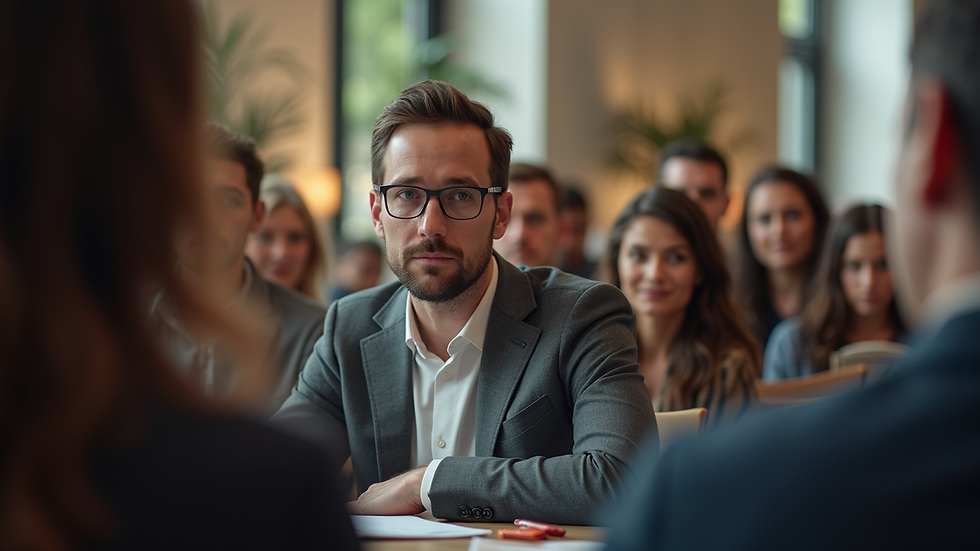 Eye-level view of a person speaking to a small group in a casual setting