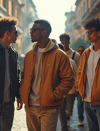 A dynamic, high-contrast shot of diverse young entrepreneurs collaborating in a vibrant ur