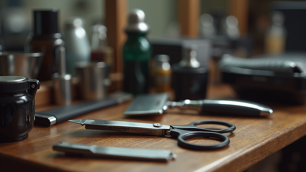 Close-up view of a barber’s tools neatly arranged on a wooden counter
