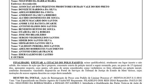Edital de Citação à Manutenção e Reintegração de Posse, em Nome de Filadelfo dos Reis Dias, das Fazendas São Francisco I e II localizadas em Juína