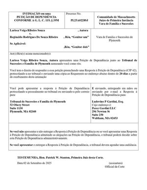 Intimação de Reginaldo Rodrigues de Souza Ribeiro, em Citação de Dependência, por Larissa Veiga Ribeiro Souza PL25A0228SJ