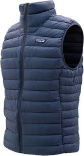 Veste Patagonia Down Sweater sans manches bleue pour homme.