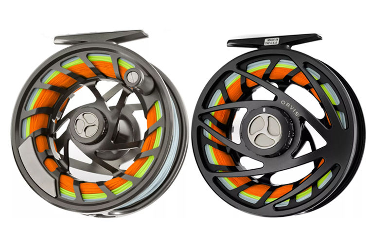 Moulinets Orvis Mirage IV Pewter et noir avec soie orange.