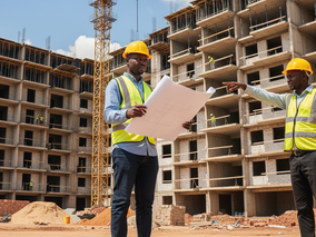 Building inspector reviewing construction site plans