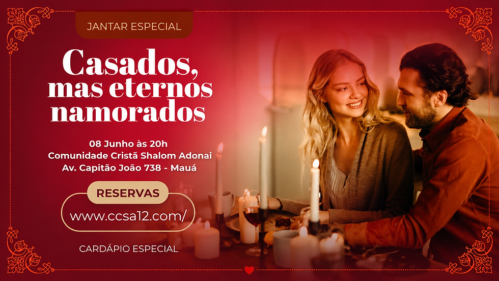 Arte de divulgação do Jantar Especial com novo endereço, formato paisagem, cores escuras com detalhes em destaque, texto centralizado sobre o evento.