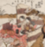 Three women in kimonos enjoy tea under blooming cherry blossoms. A teapot and food are on a table. Mountains and Japanese text in the background.