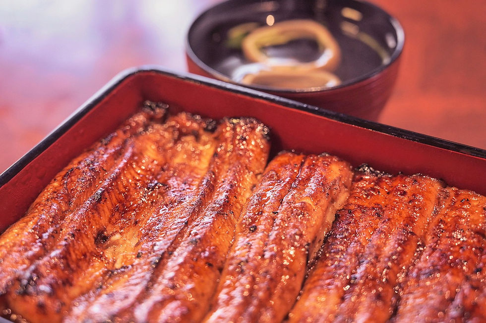 An up close shot of a lacquerware box of unagi, Japanese grilled squid.