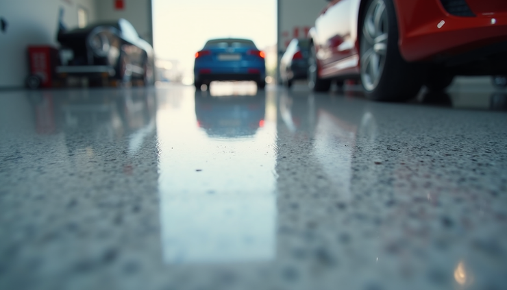 Close-up view of a smooth, glossy epoxy floor surface in a garage setting