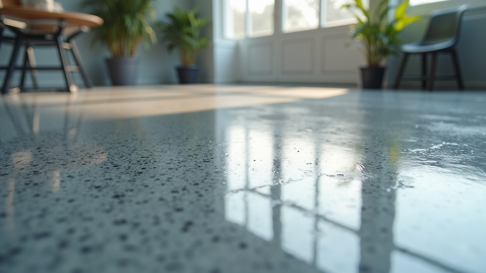 Close-up view of glossy epoxy floor with metallic finish