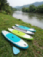 SUP coaching paddleboards lined up on a riverbank.