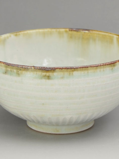縁に茶色の釉が流れ、細かい削ぎ模様のある白い貫入の飯碗