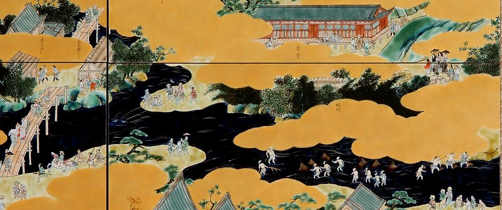 洛中洛外図の陶板の一部。橋を渡る人や川、屋敷が金雲の間に細かく描かれている